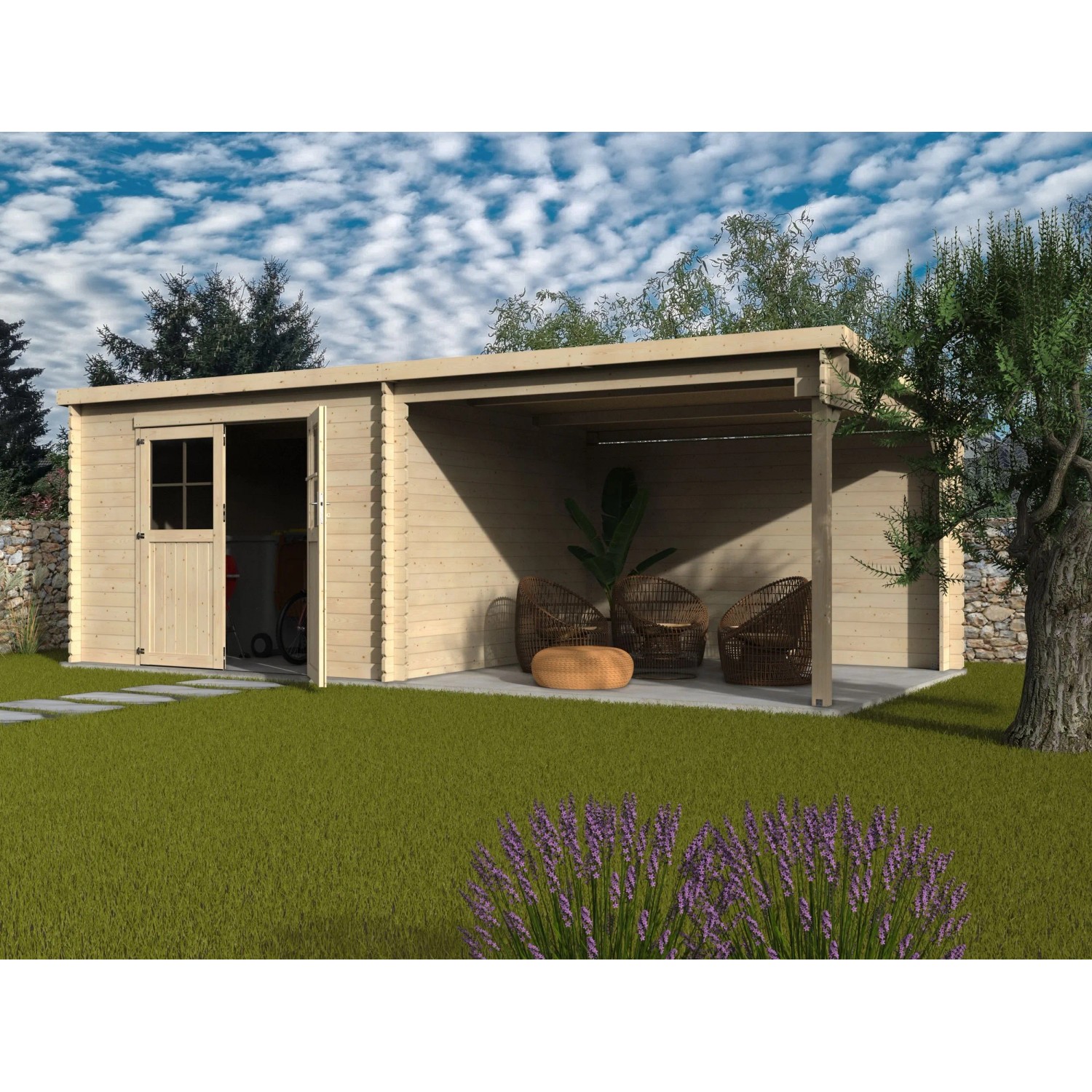 Unbehandeltes Holz-Gartenhaus Eden mit überdachter Terrasse und geöffneter Tür im Garten.