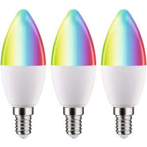 Drei Paulmann E14 LED Leuchtmittel in Kerzenform mit Farbwechsel und App-Steuerung.