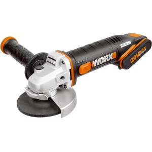 Worx Akku-Winkelschleifer WX800 20V mit Akku, Zusatzhandgriff und Schleifscheibe.