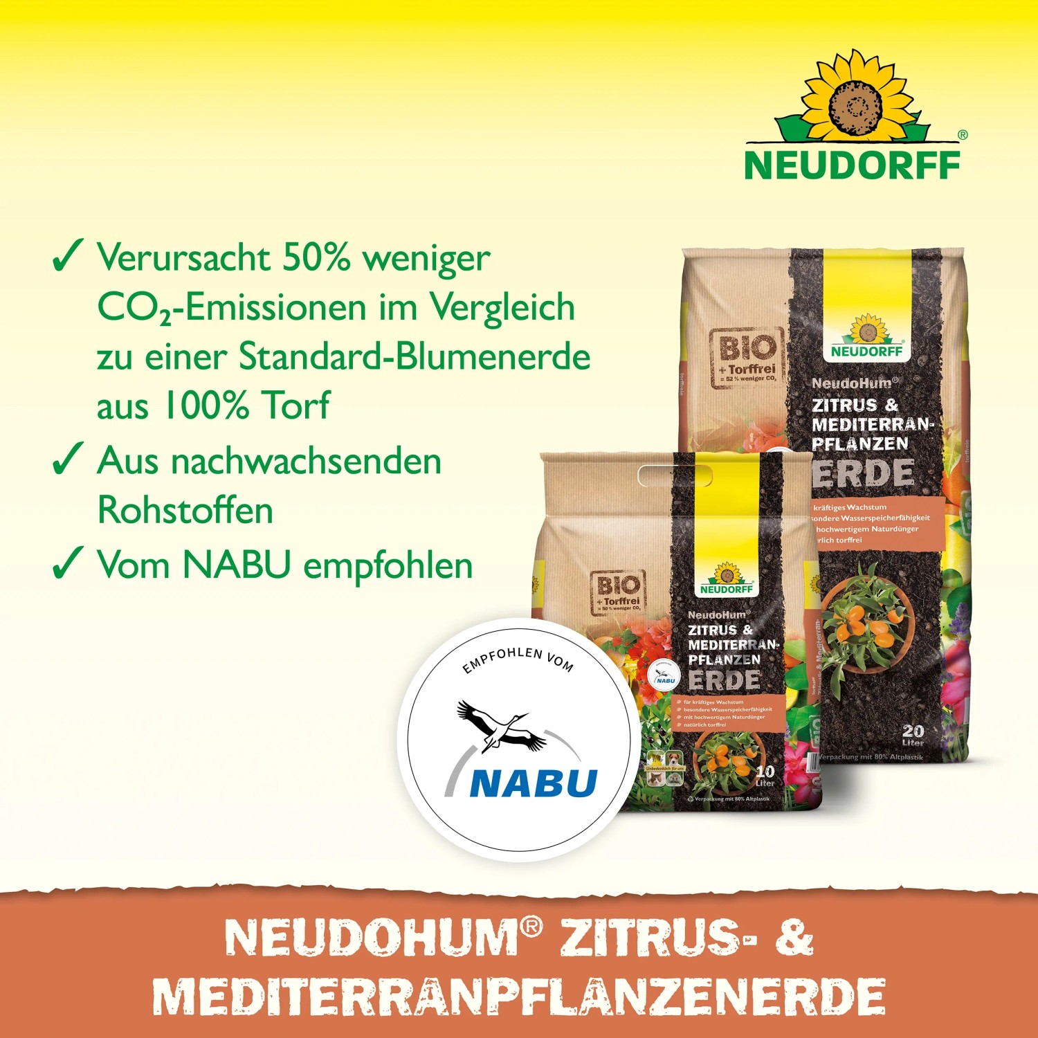 Neudorff Zitrus- und Mediterranpflanzenerde Neudohum 20 l im Sack.