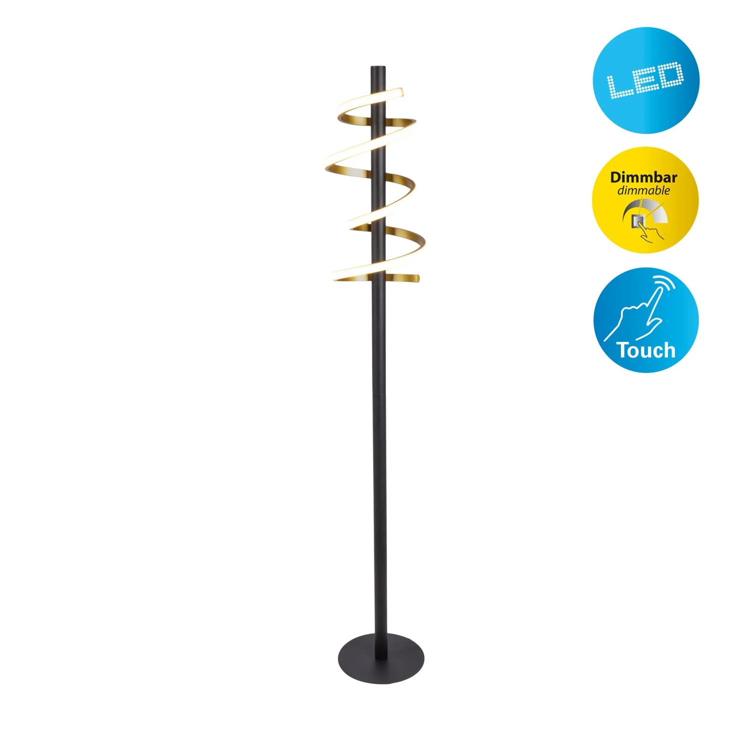 Näve LED-Stehleuchte Belleza in Schwarz und Gold, spiralförmiges Design, dimmbar per Touch.