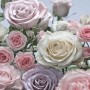 Fototapete Floraison: Nahaufnahme von Rosen in Weiß, Rosa und Lila. Romantisches Blumenmuster.
