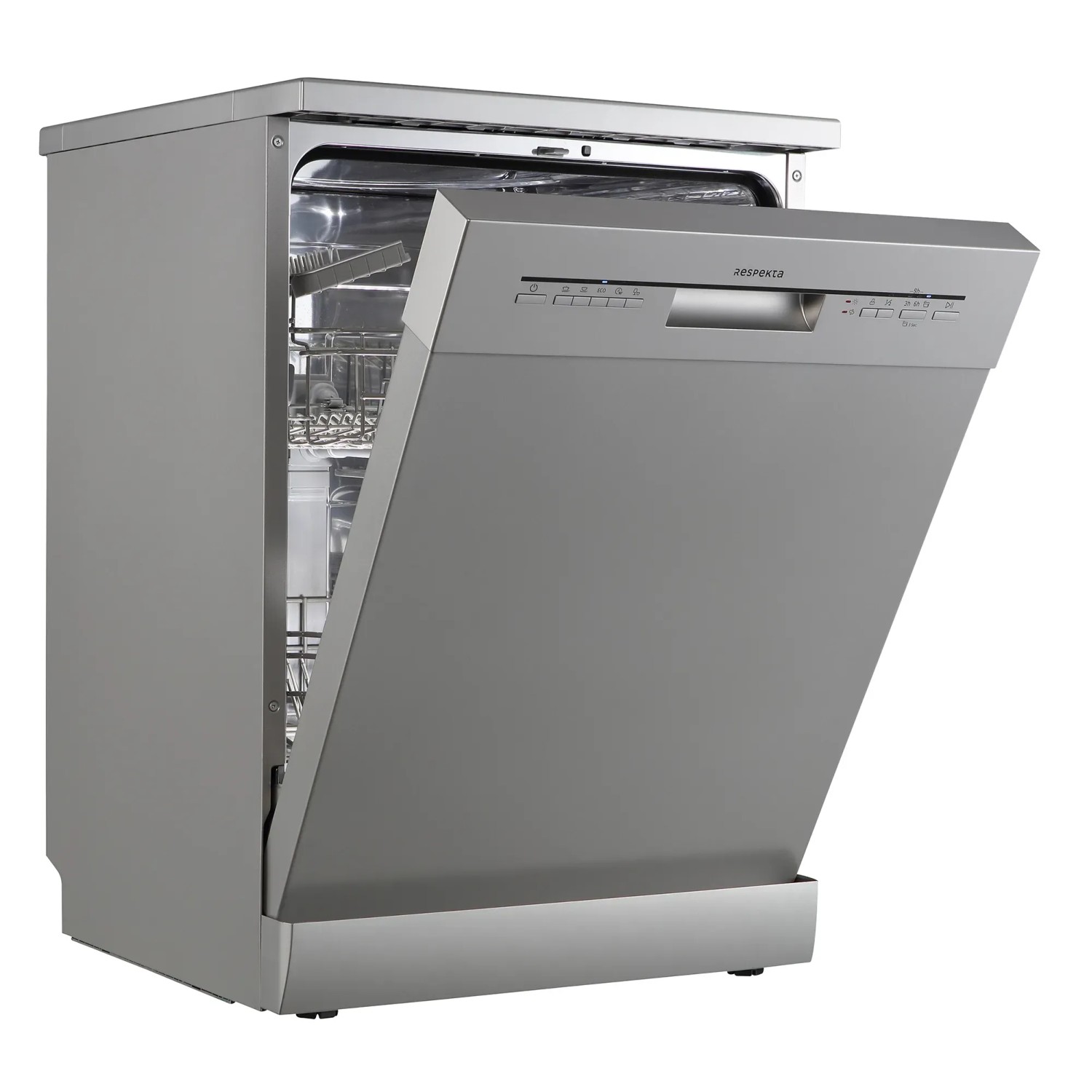 Respekta Unterbau-Geschirrspüler Bena 60 cm in Silber mit geöffneter Tür.