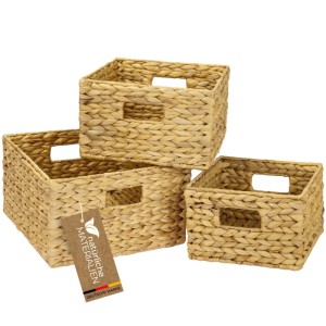 HMF 37245 Aufbewahrungskorb Korb Geflochten Wasserhyazinthe Quadratisch 3er Set 22 + 26 + 30 cm Natur
