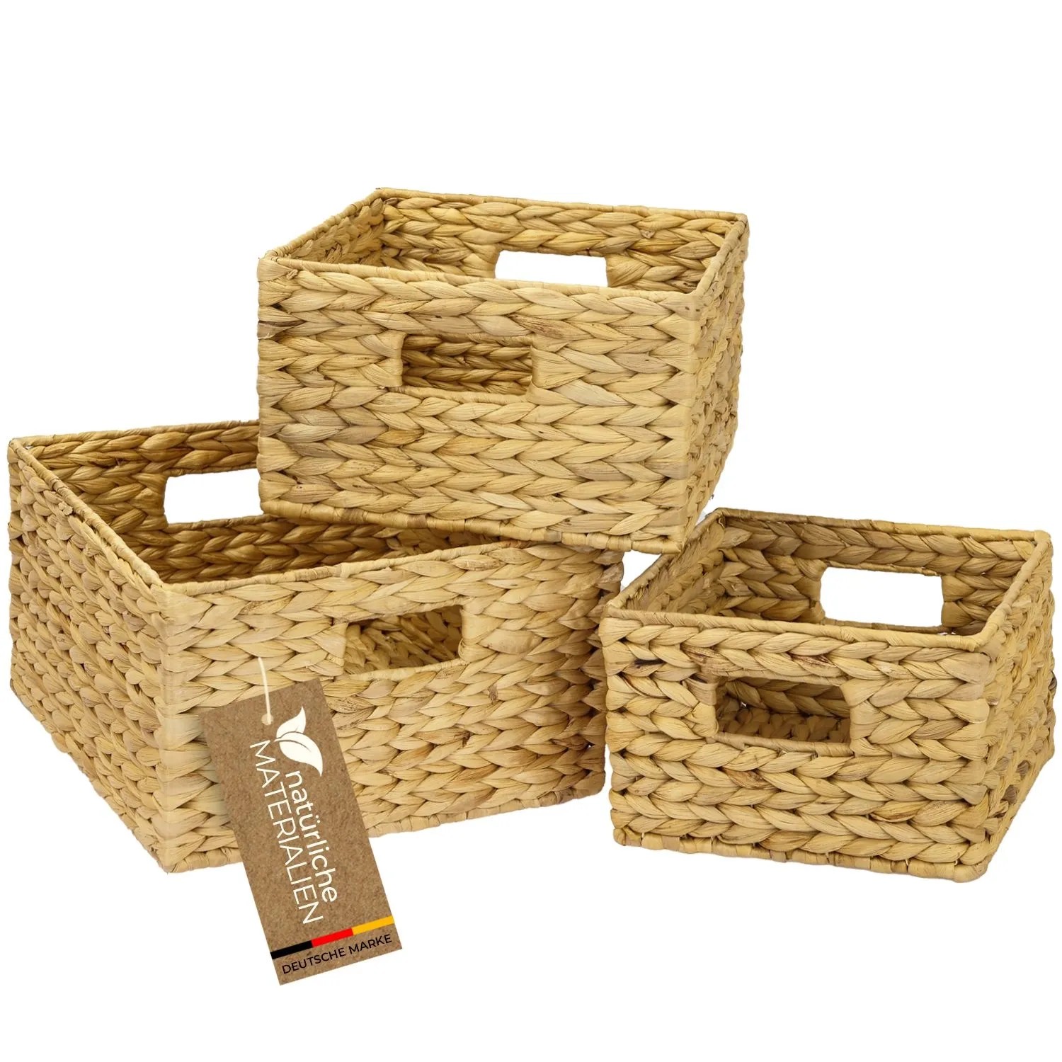 HMF 37245 Aufbewahrungskorb Korb Geflochten Wasserhyazinthe Quadratisch 3er Set 22 + 26 + 30 cm Natur