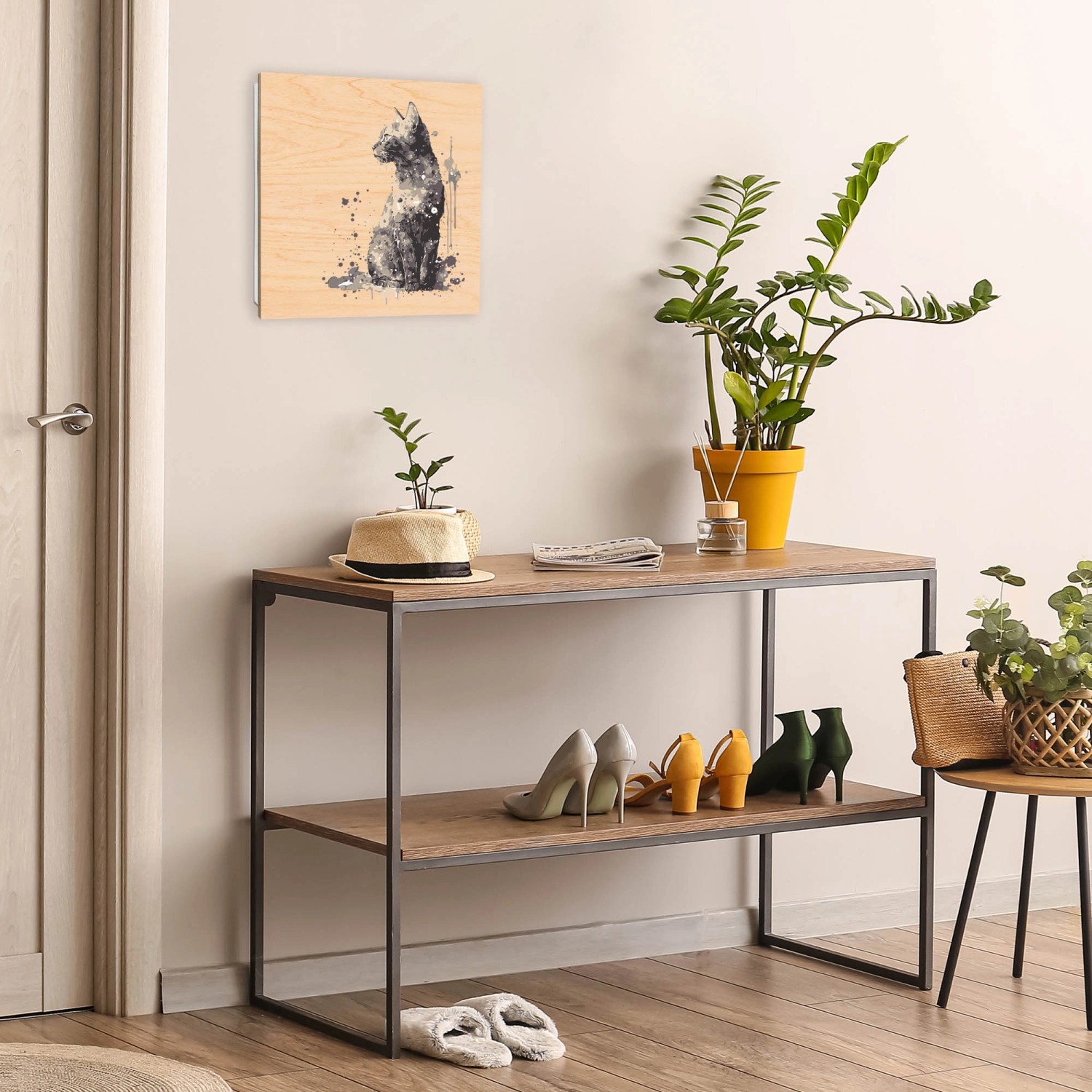 Banjado Schlüsselbox mit Aquarellkatze an der Wand im Flur. Schlüsselkasten aus Holz, 30x30cm, weiß.