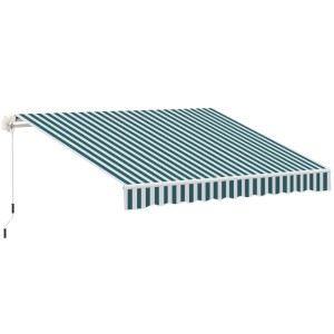 Einfahrbare Furnicato Markise, 395x245cm, weiß-grün gestreift, mit Handkurbel für Sonnenschutz.