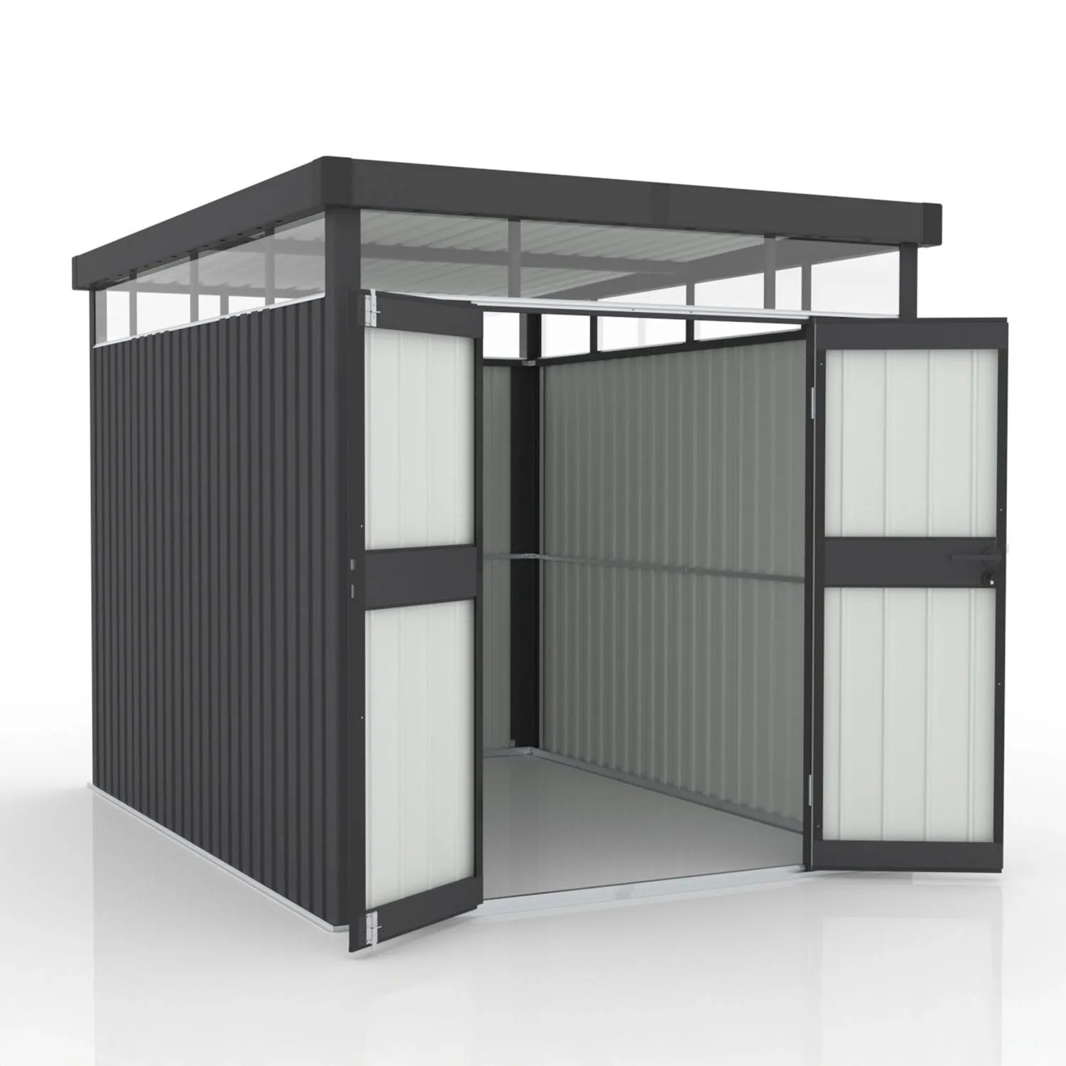 Juskys Gerätehaus Luzern M, 5,2 m², Anthrazit, mit geöffneten Türen. Metall Gerätehaus für Garten.