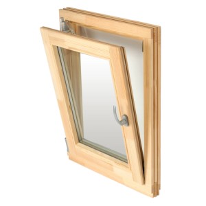 Offenes Panto Holzfenster, Dreh/Kipp, 90x120 cm, aus unbehandeltem Nadelholz.