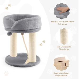 Grauer Costway Kratzbaum Klein: Katzenbaum mit Sitzfläche und Sisalstämmen.