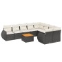 Schwarze 10-tlg. vidaXL Garten-Sofagarnitur aus Rattan mit cremefarbenen Kissen und Tisch.