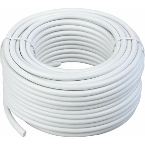 Aufgerolltes, weißes Schwaiger Koaxialkabel (115 dB) mit 50 m Länge für SAT- und Kabelfernsehen.