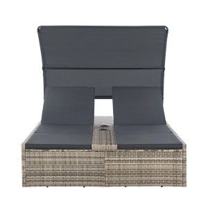 Grau melierte Juskys Doppelliege Syros mit Dach, Polyrattan Sonnenliege für 2 Personen mit Getränkehaltern.