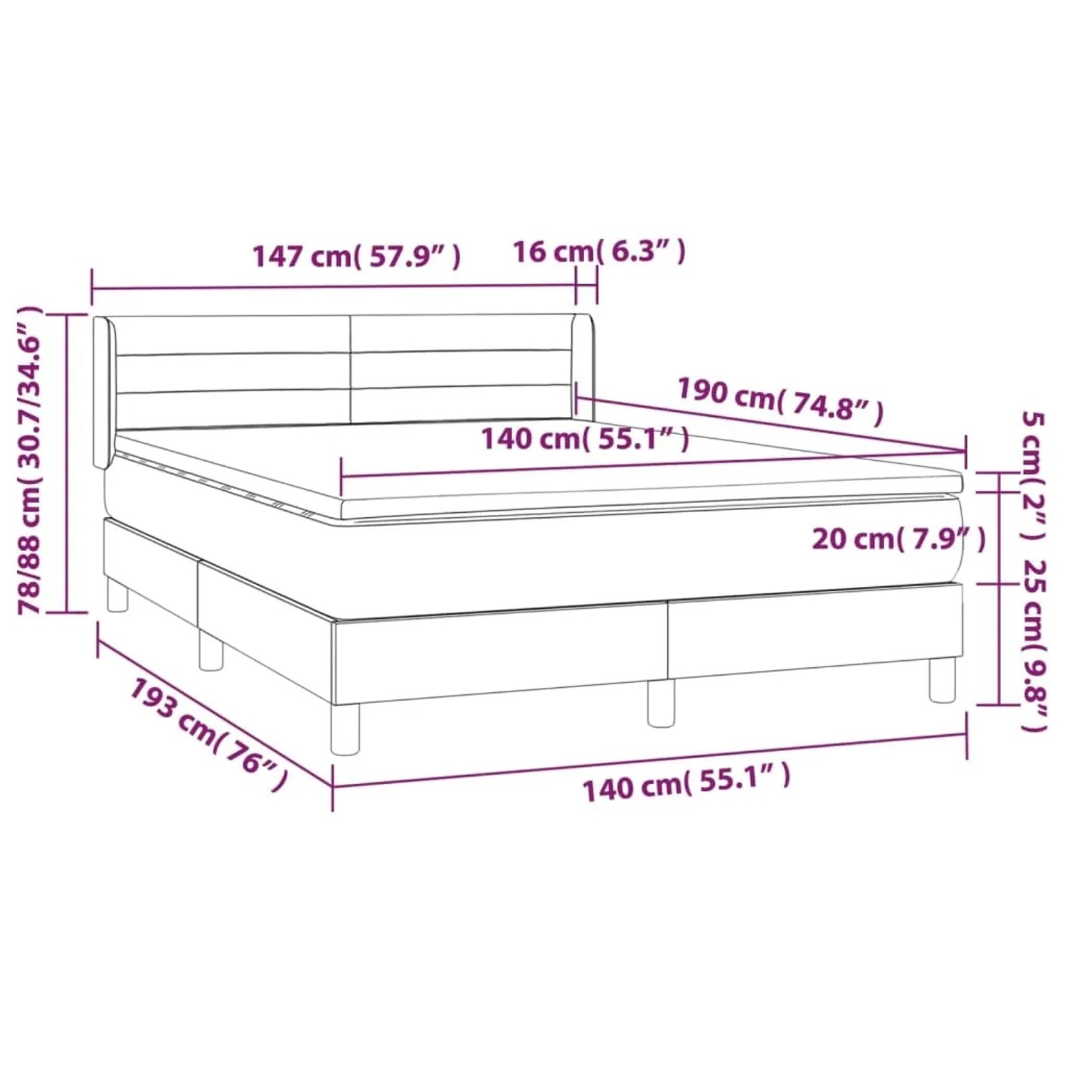 vidaXL Boxspringbett rosa (140x190 cm) mit Matratze, Samtbezug, Maßeinteilung.