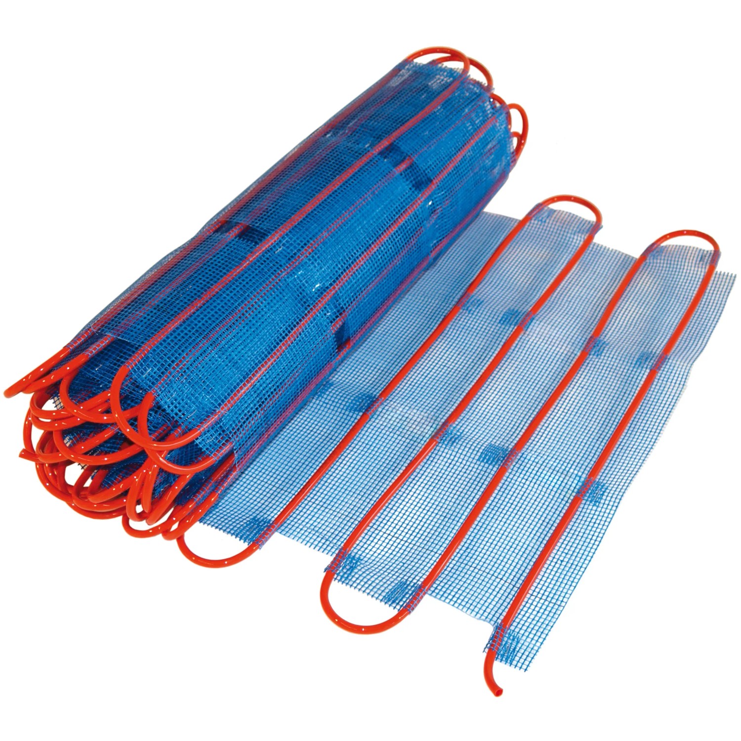 Perobe Warmwasser Fußbodentemperierung 7,5 m² Heizmatte, aufgerollt und teilweise ausgerollt.