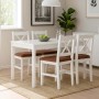 Weißes Kiefernholz Esszimmer-Set im Landhausstil: Tisch und 4 Stühle mit X-Lehne, terrakotta gepolstert.