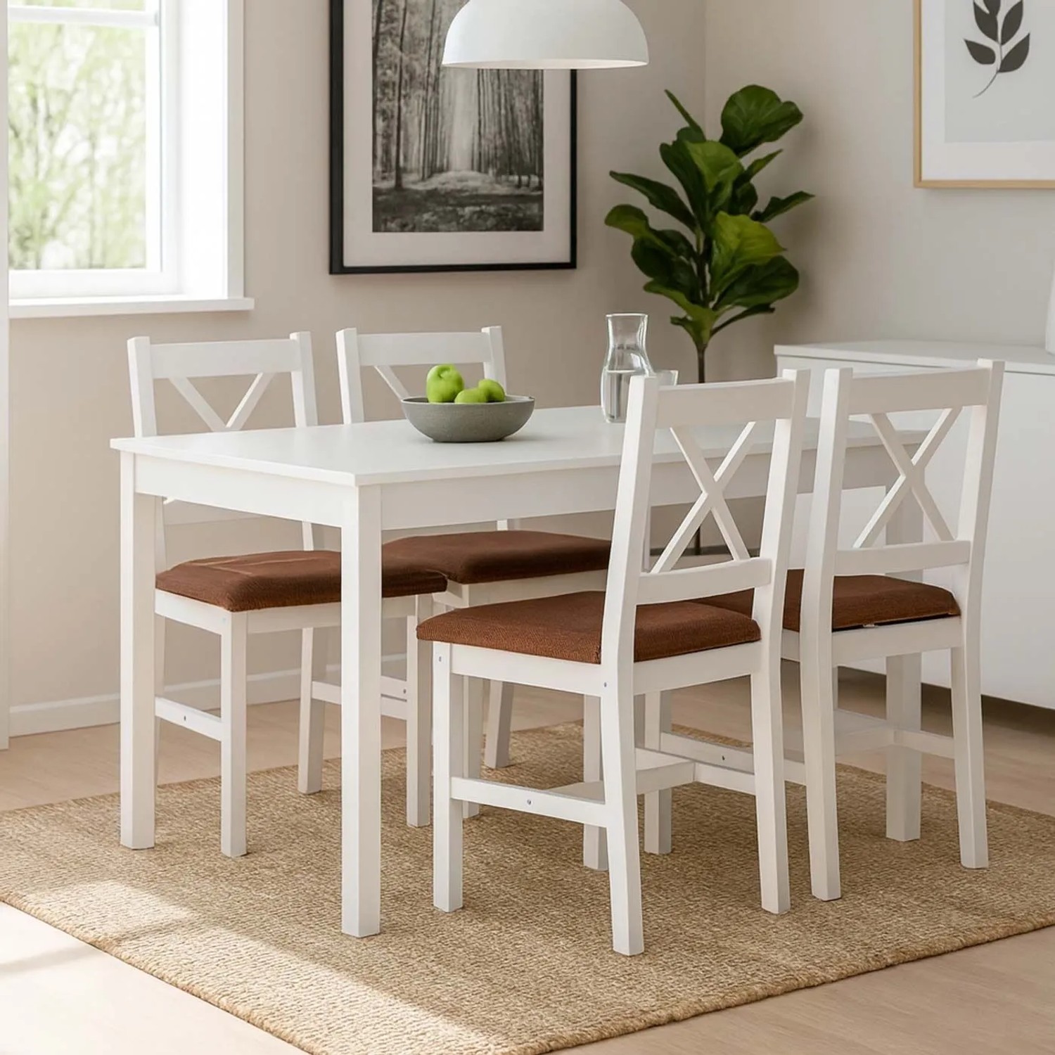 Weißes Kiefernholz Esszimmer-Set im Landhausstil: Tisch und 4 Stühle mit X-Lehne, terrakotta gepolstert.