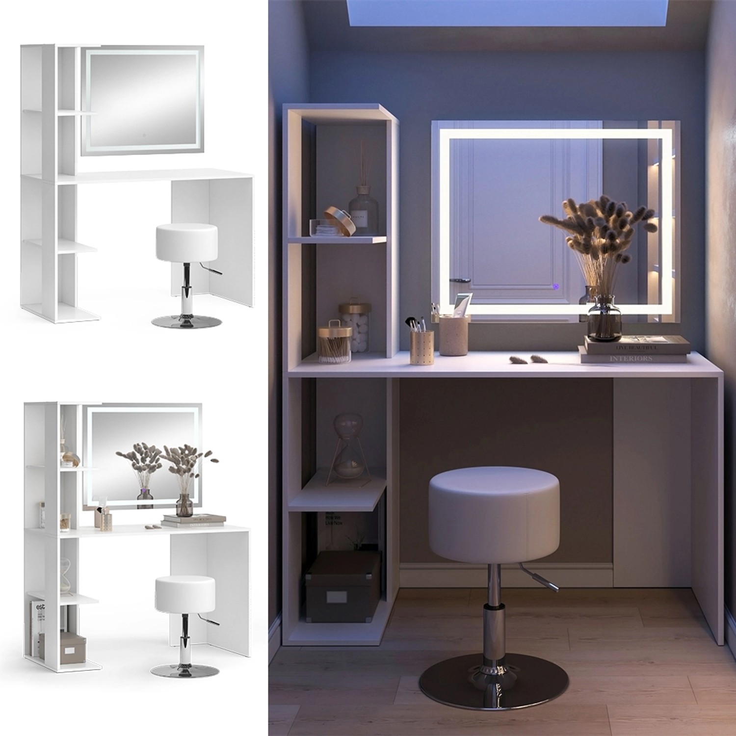 Weißer Vicco Schminktisch Tower mit LED-Spiegel und Hocker. Frisiertisch mit Ablagefächern.