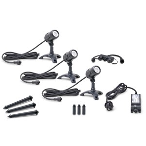 Oase LunAqua Connect S 3er-Set: Teichbeleuchtung mit 3 Spots, Erdspießen, Verteiler und Netzteil.