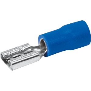 Blaue Flachsteckhülse, 2,5 mm Ø, für einfache Kabelverbindungen.
