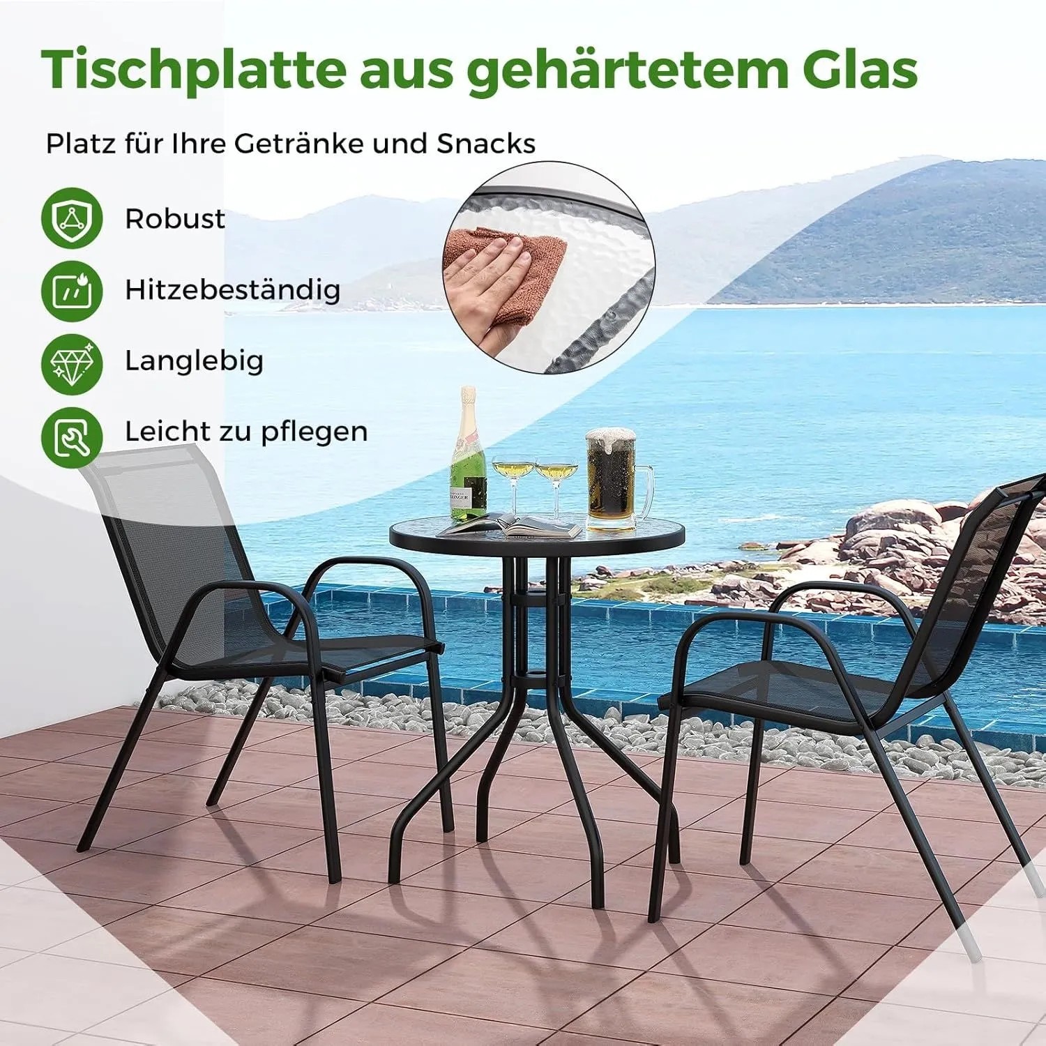 Costway Balkonmöbel Set mit Bistrotisch und 2 stapelbaren Gartenstühlen in Schwarz vor Pool.