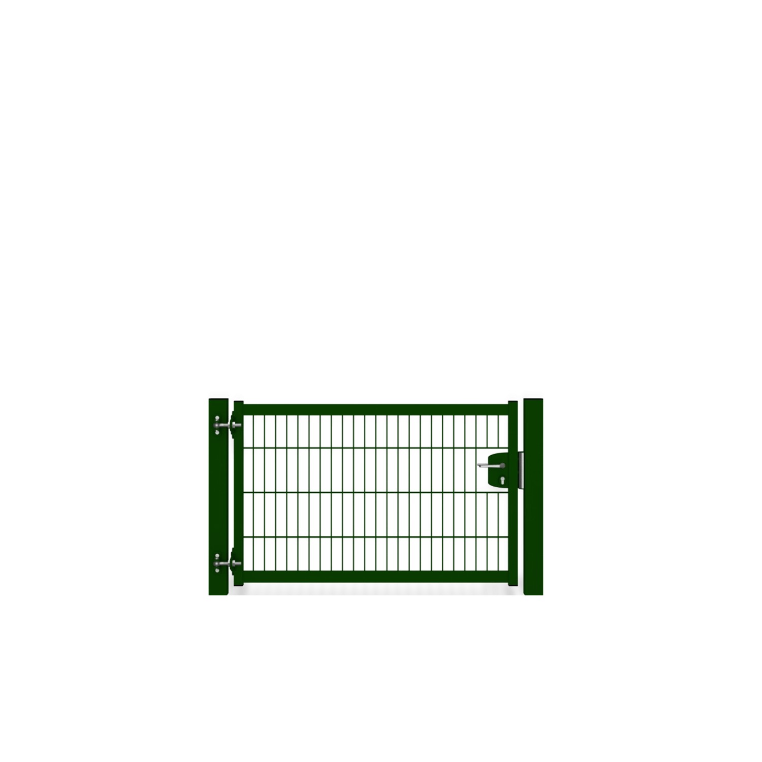 Grüne Zaunguru Gartentür Berlin mit Doppelstabmatte, 149.7 cm breit, Öffnungswinkel 180 Grad.