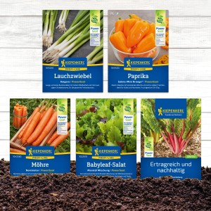 Gemüsesamen-Set PowerSaat mit Lauchzwiebeln, Möhren, Paprika und Salat im Beet.