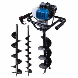 Scheppach Benzin-Erdbohrer EB2000 mit drei Bohrern (100, 150, 200 mm) für Baumaschinen.