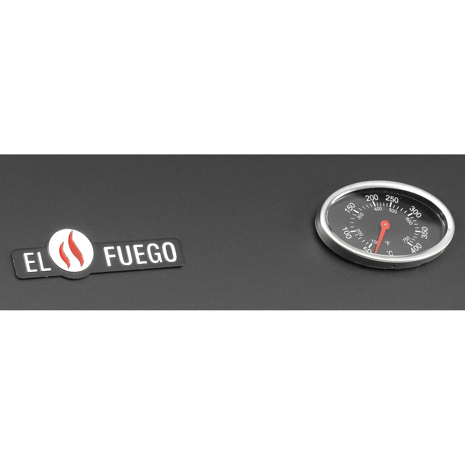 Detailaufnahme El Fuego Kombigrill Sierra: Logo und Thermometer am schwarzen Grill.