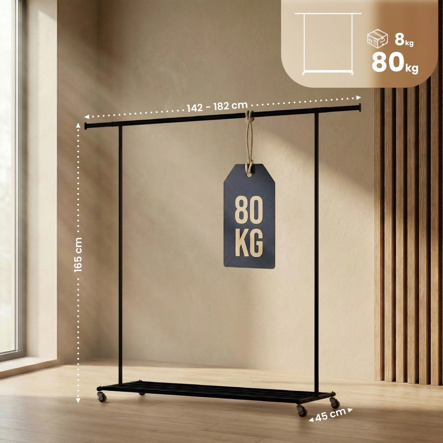 Schwarzer Metall Kleiderständer Bernis XL mit Rollen, ausziehbarer Stange und Ablage. Belastbar bis 80 kg.