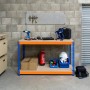 Zweistufige Monstershop S-Rax Werkbank (150x60x90cm) mit Werkzeugen und Zubehör.