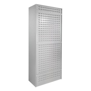 Lichtgrauer PROREGAL Flügeltürenschrank mit Schlitzplatte und 50 Sichtlagerkästen, 193x78x38 cm.