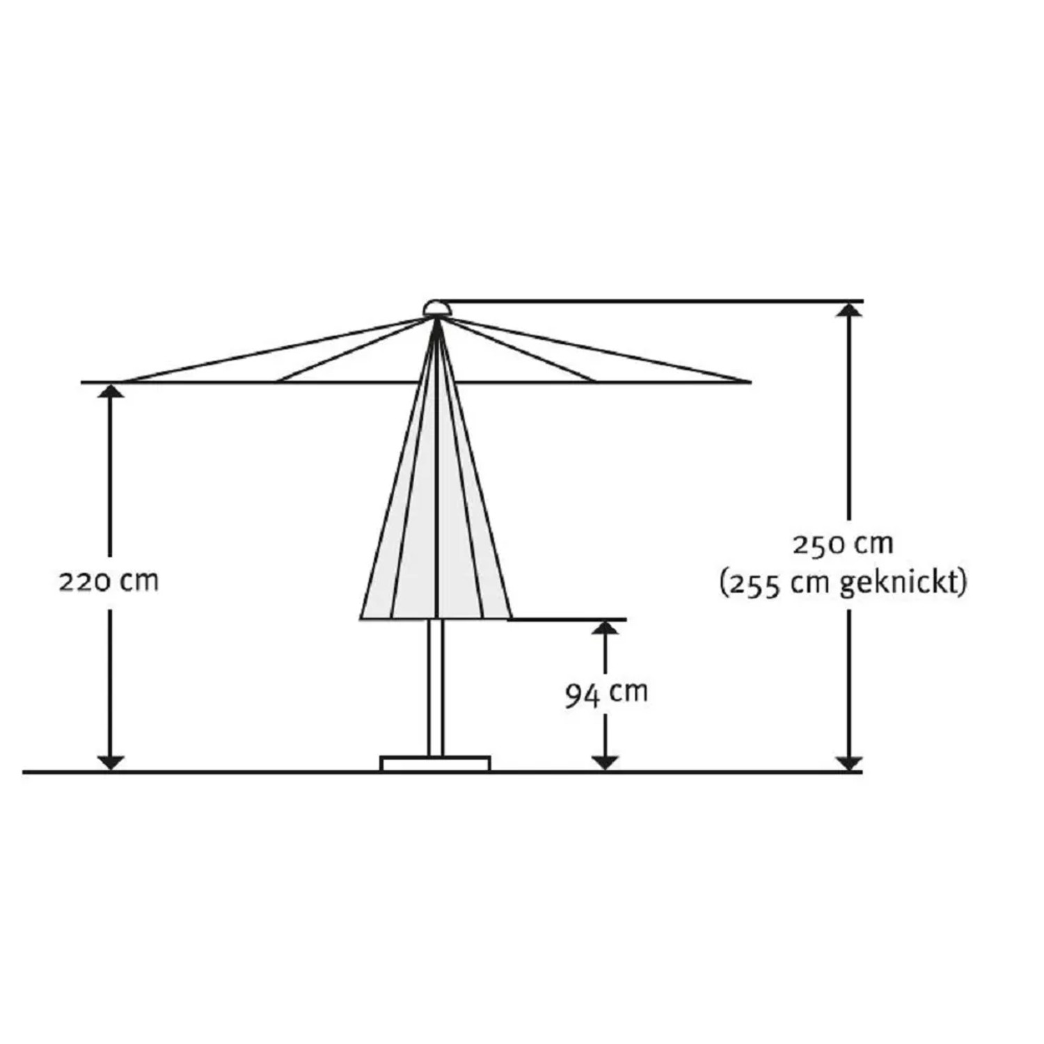 Maße des Schneider Balkonschirm 270 cm x 150 cm, Höhe 250 cm, mit Kurbelmechanik, zur Veranschaulichung.