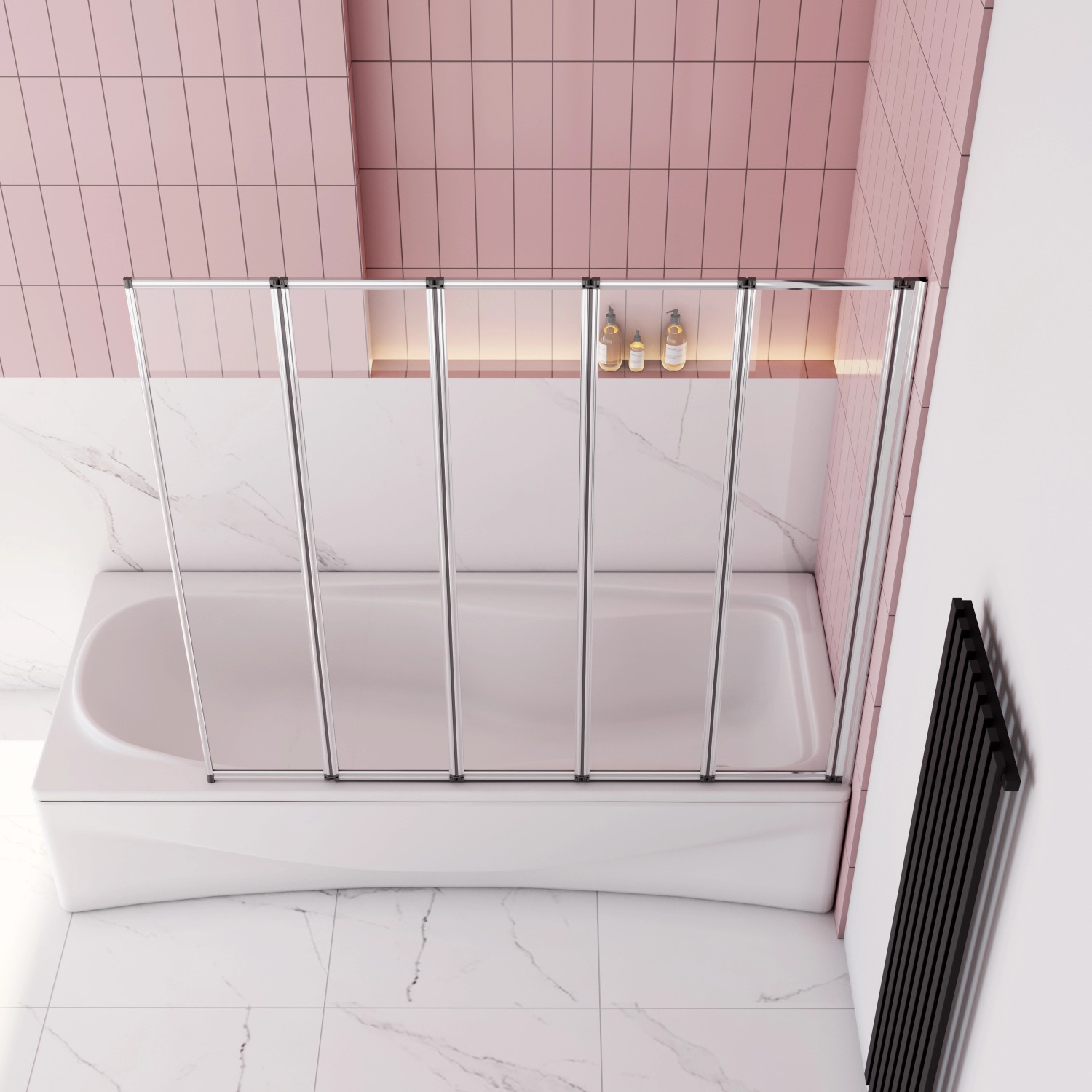 AICA 5-teilige Duschtrennwand als Faltwand auf Badewanne, Chrom-Optik.