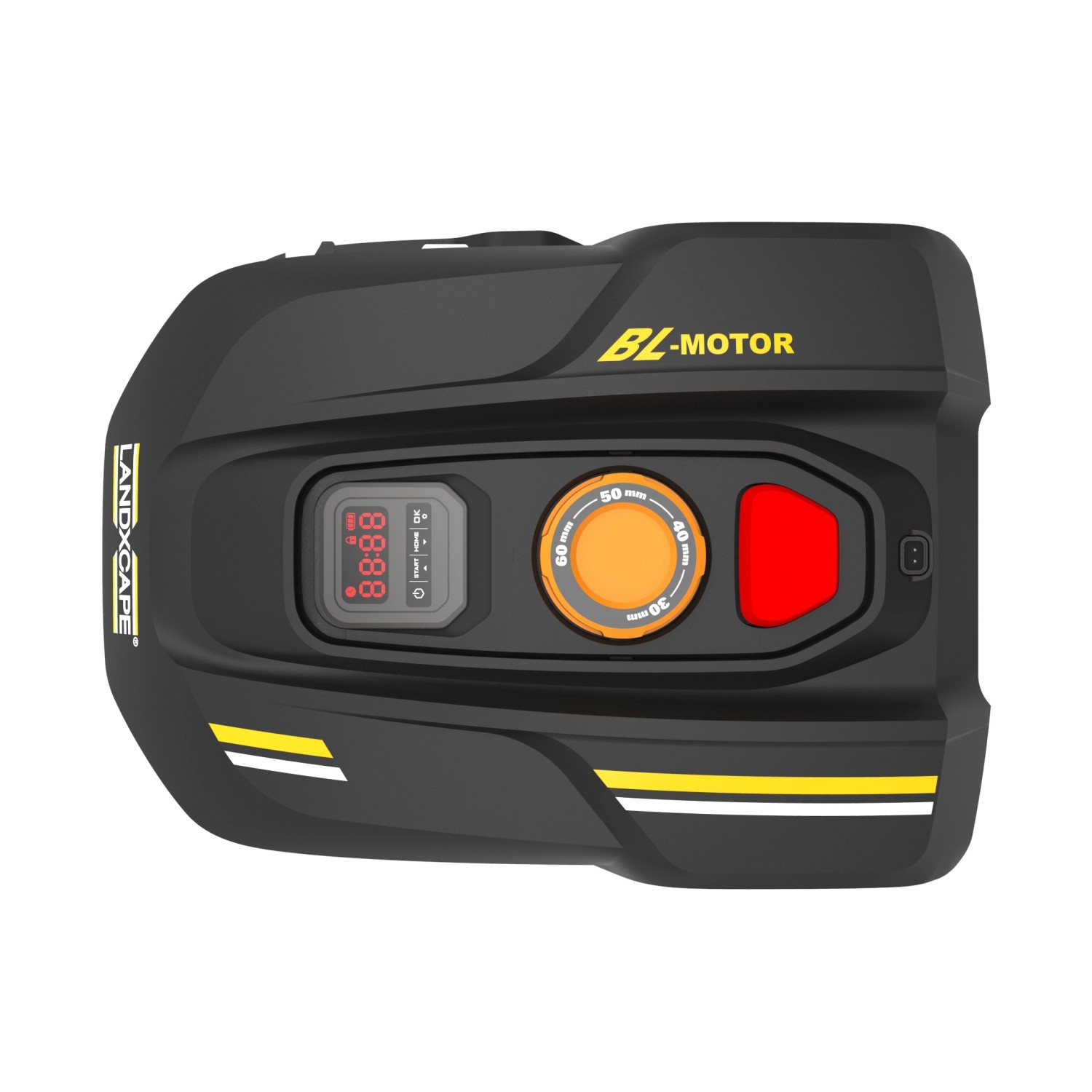 LandXcape Mähroboter LX790: kompakter Rasenmäher Roboter in Schwarz mit Display und Bedienelementen.