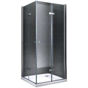 Quadratische Duschkabine mit Klarglas, 100x100 cm, mit Pendeltüren und silbernen Profilen.