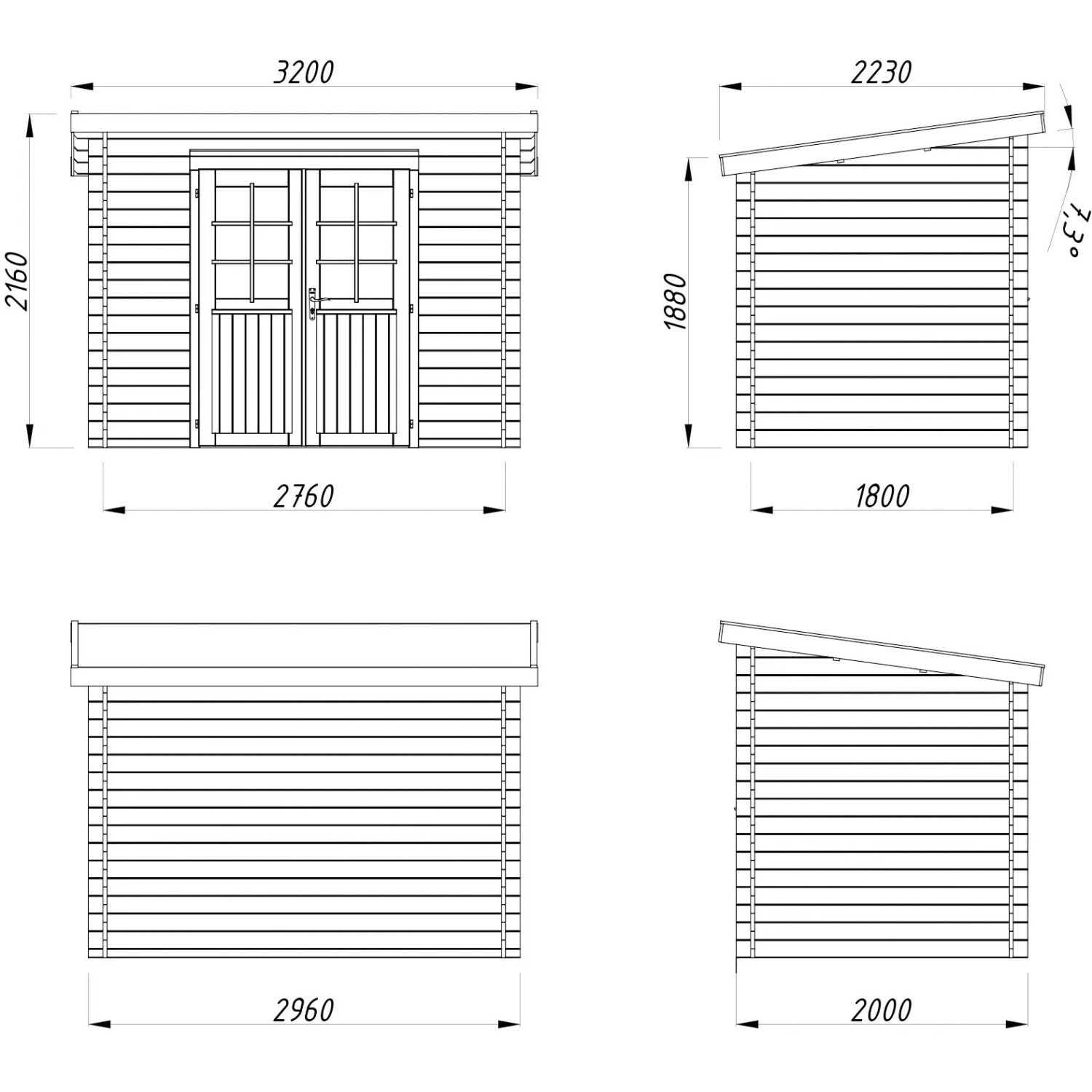 Technische Zeichnung Palmako Gartenhaus Alice, braun kesseldruckimprägniert, Maße und Ansichten.