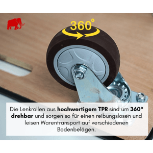 Nahaufnahme einer 360° drehbaren Lenkrolle aus TPR-Gummi auf einem Transportroller. Ideal für Werkstattwagen.