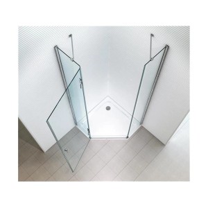 Glas Duschkabine Aya 100x100cm, 5-Eck, 8mm ESG Klarglas, mit geöffneter Tür.