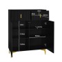 Schwarzes Sideboard Schuhschrank mit strukturierten Fronten, zwei Schubladen, zwei Türen, goldenen Akzenten und Innenfächern.
