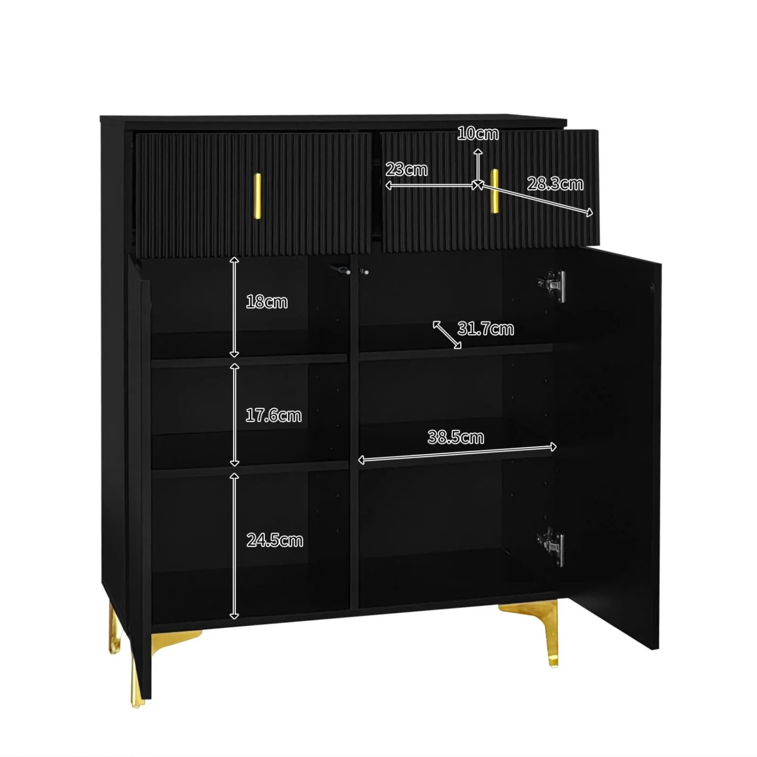 Schwarzes Sideboard Schuhschrank mit strukturierten Fronten, zwei Schubladen, zwei Türen, goldenen Akzenten und Innenfächern.