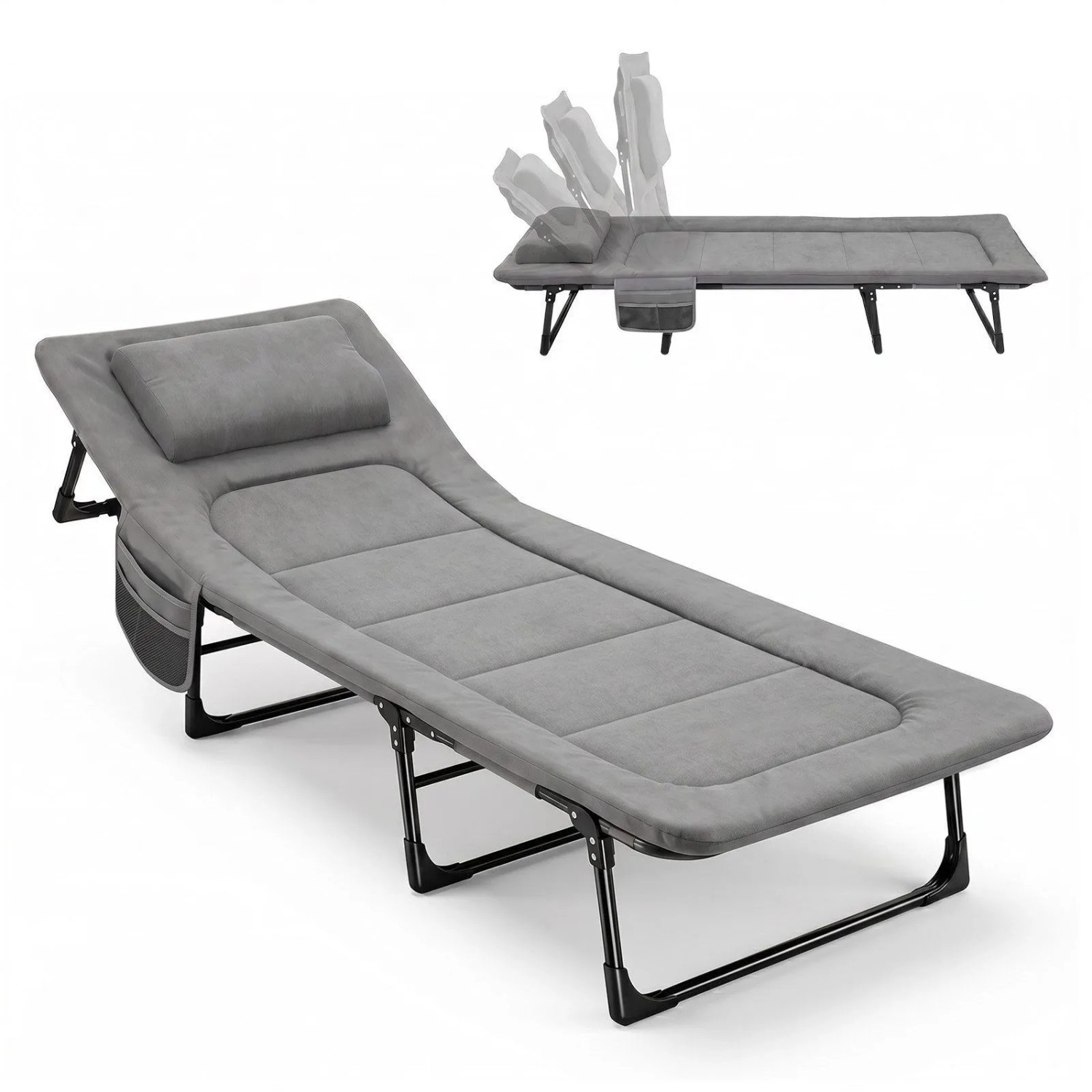 Sekey Campingbett Klappbar Faltbett mit Matratze und Kissen Grau 193 x 70 x 29 cm