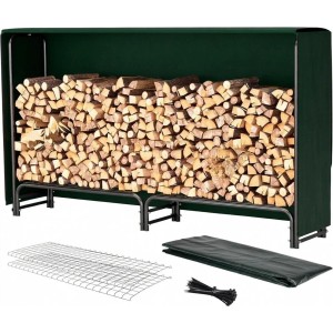 Dunkelgrünes Kaminholzregal M mit Schutzplane, gefüllt mit Brennholz. Dazu Gitterböden und gefaltete Plane. Für Outdoor & Indoor.