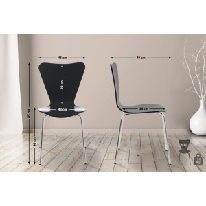 Zwei schwarze CLP Calisto Konferenzstühle aus Holz mit Chromgestell, Front- & Seitenansicht, 85x45x49 cm, 120 kg Belastbarkeit.