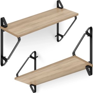 Zwei Tectake Wandregale im Industrial Style: helle Eiche Sonoma Holzoptik und schwarze Stahlgestelle. 2er Set Hängeregale.