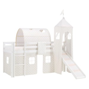 Weißes Homestyle4u Hochbett 90x200 mit Rutsche, Tunnel, Turm und hellgrauem Sternen-Vorhang für Kinder.