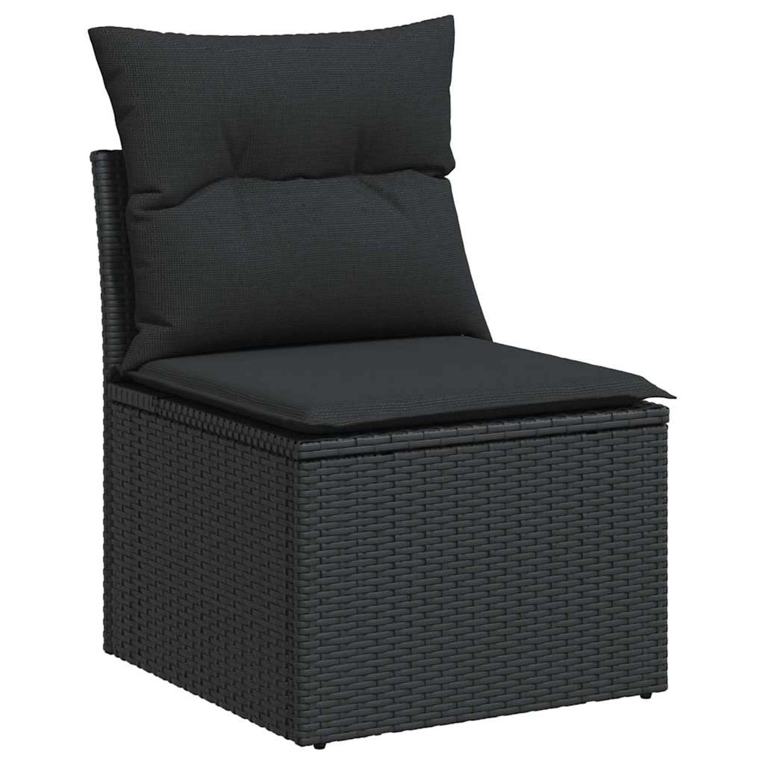 Schwarzes vidaXL Gartensofa aus Rattan mit Kissen, Teil einer Sofagarnitur.