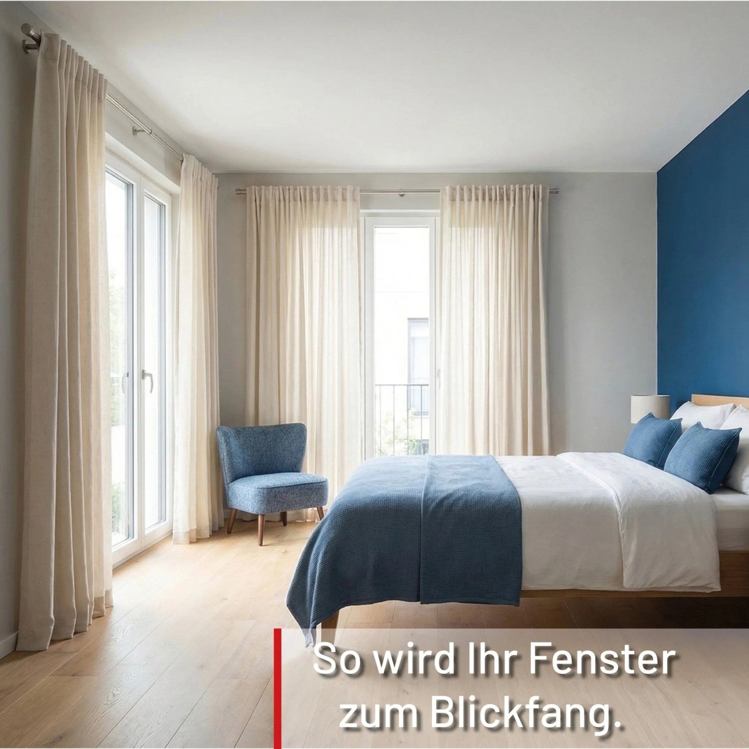 Deco-Raum 1-Lauf Gardinenstange nach Maß, Edelstahl-Optik, Kappe, Ø 25mm, mit hellen Vorhängen.