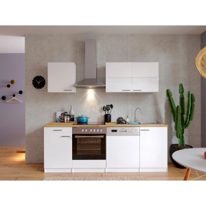 Respekta Küchenzeile KB220WWC, 220 cm, Weiß mit E-Geräten und Spüle.