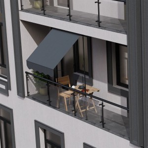 Graue Juskys Klemmmarkise Kapstadt 200x120 cm am Balkon mit Tisch und Stühlen.
